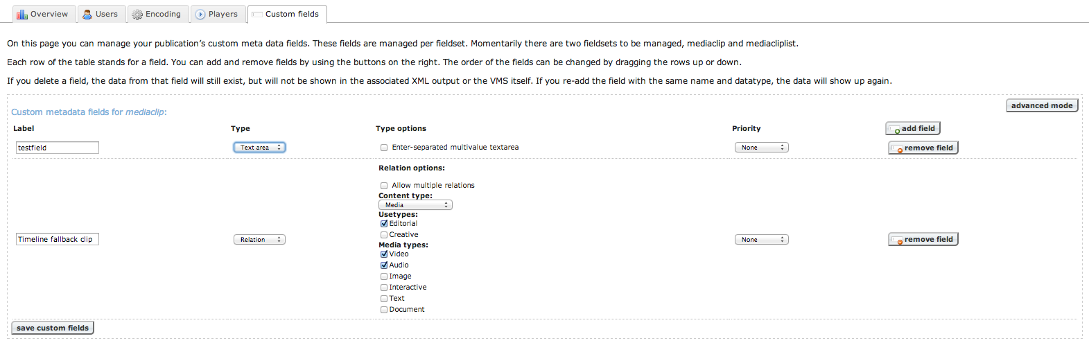 Custom fields tab