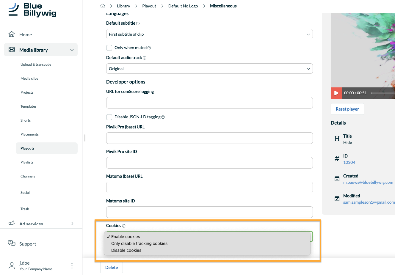 playout cookie settings